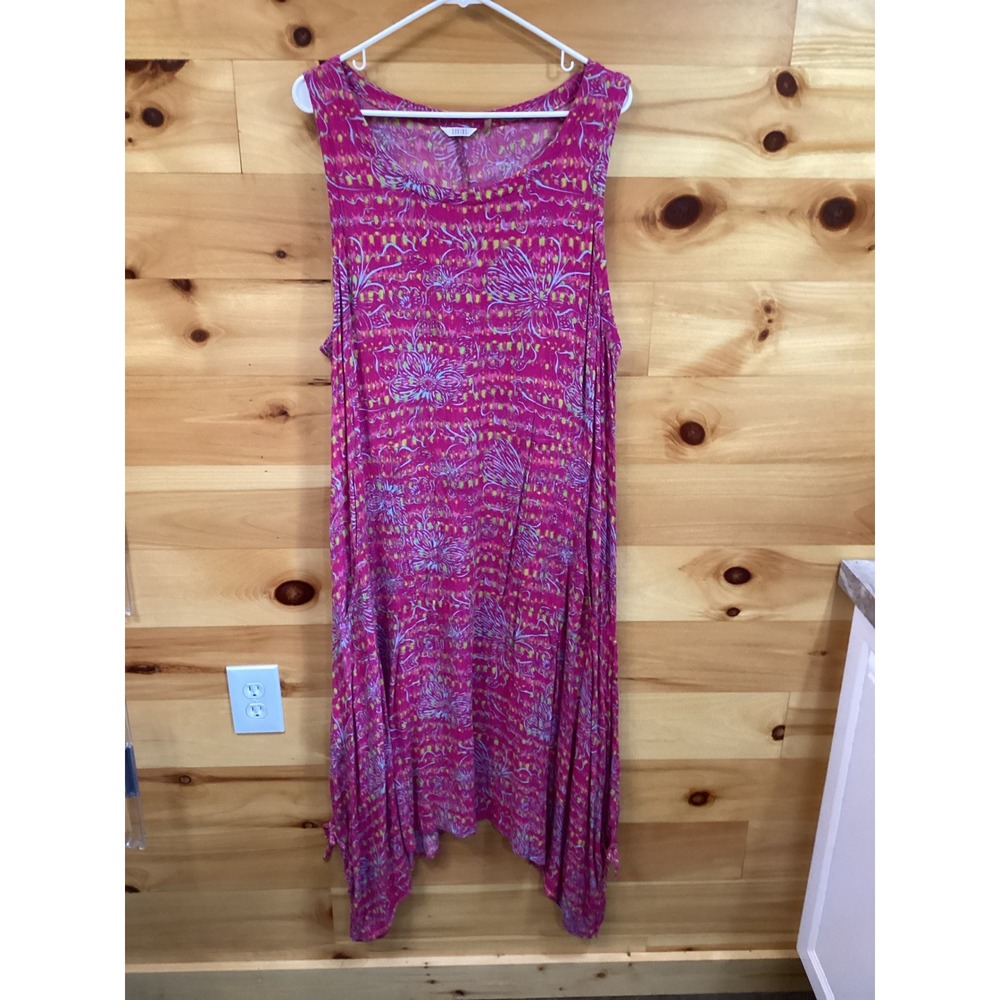 Kaktus Womens 2X Pink Floral Rayon Sharkbite Hem Sleeveless Pocket Dress Boho